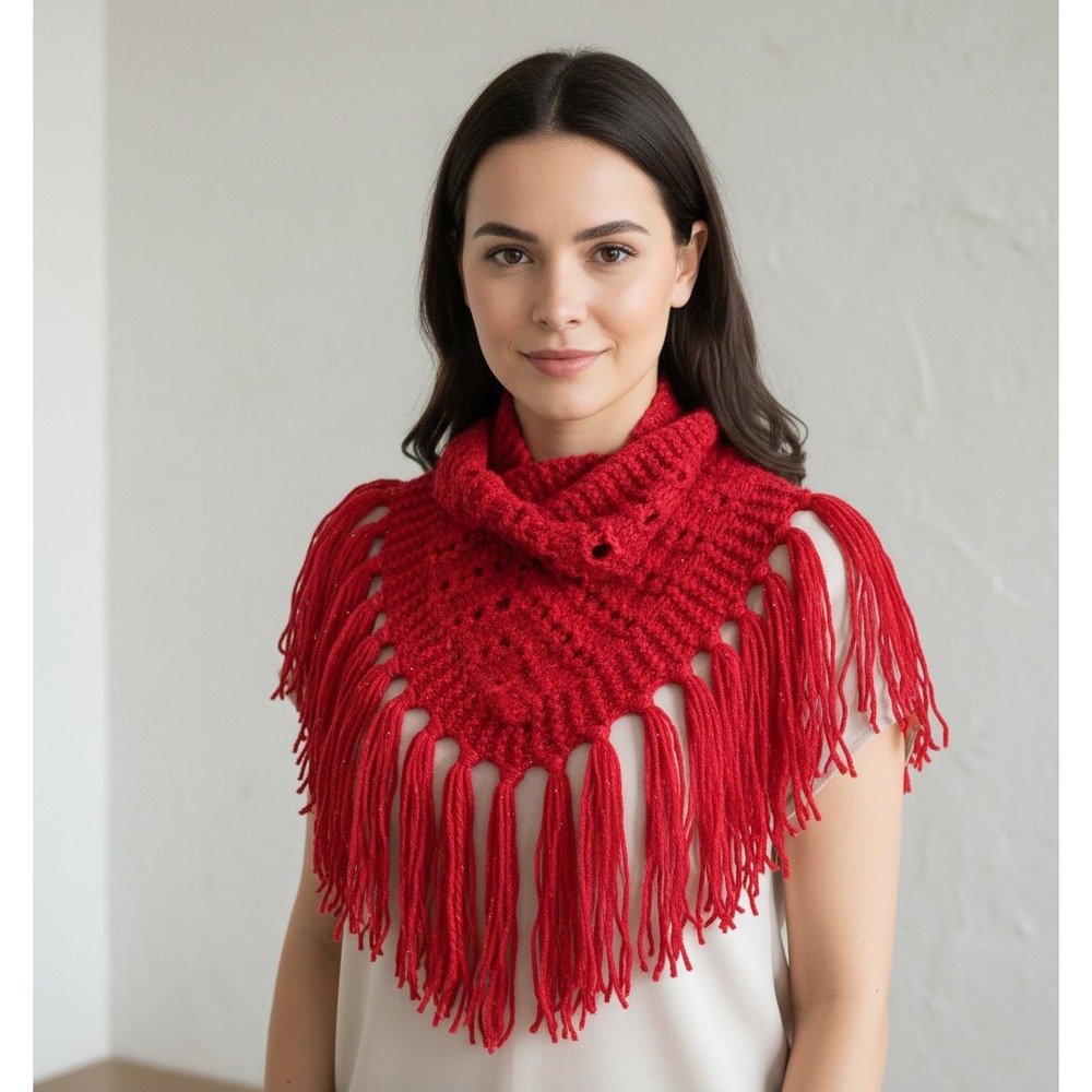 NEW Hand Knitted Red Metallic Boho Cowl Scarf Fringe Shimmer Festive Glam Party